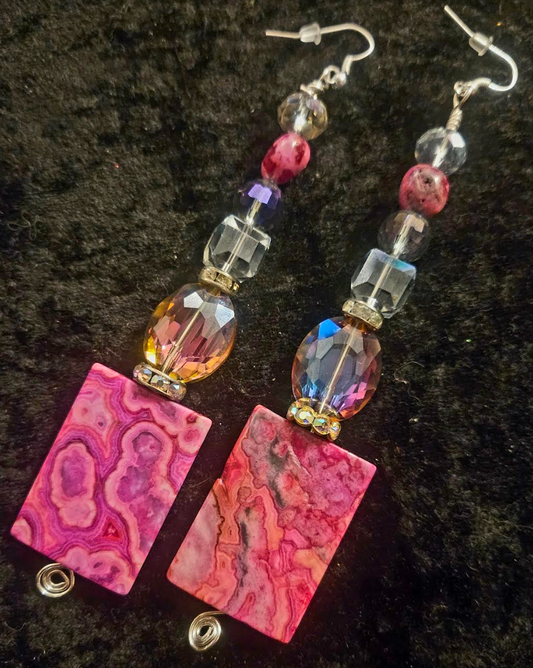 Hot Pink Crazy Lace Agate & Faceted Crystal Shoulder Duster Pierced
