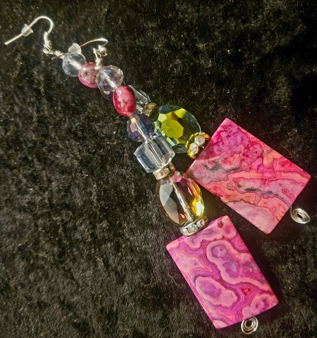 Hot Pink Crazy Lace Agate & Faceted Crystal Shoulder Duster Pierced