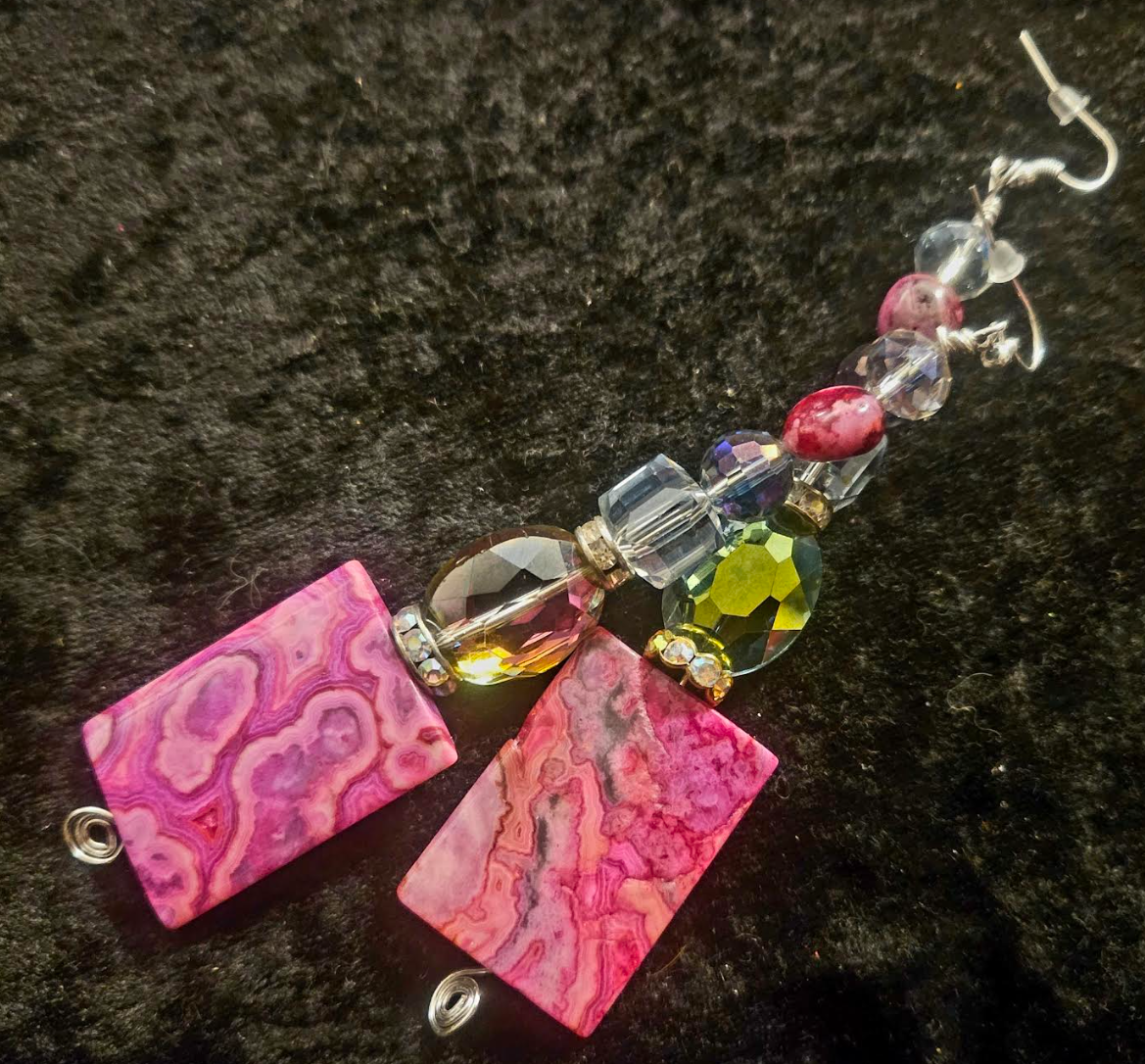 Hot Pink Crazy Lace Agate & Faceted Crystal Shoulder Duster Pierced