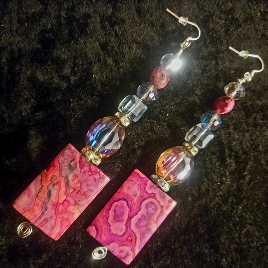 Hot Pink Crazy Lace Agate & Faceted Crystal Shoulder Duster Pierced