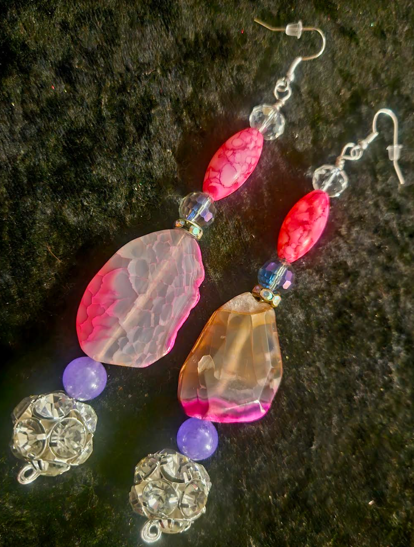 Hot Pink Agate & Rhinestone Ball Beaded Drop Statement Earrings Brid