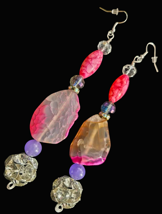 Hot Pink Agate & Rhinestone Ball Beaded Drop Statement Earrings