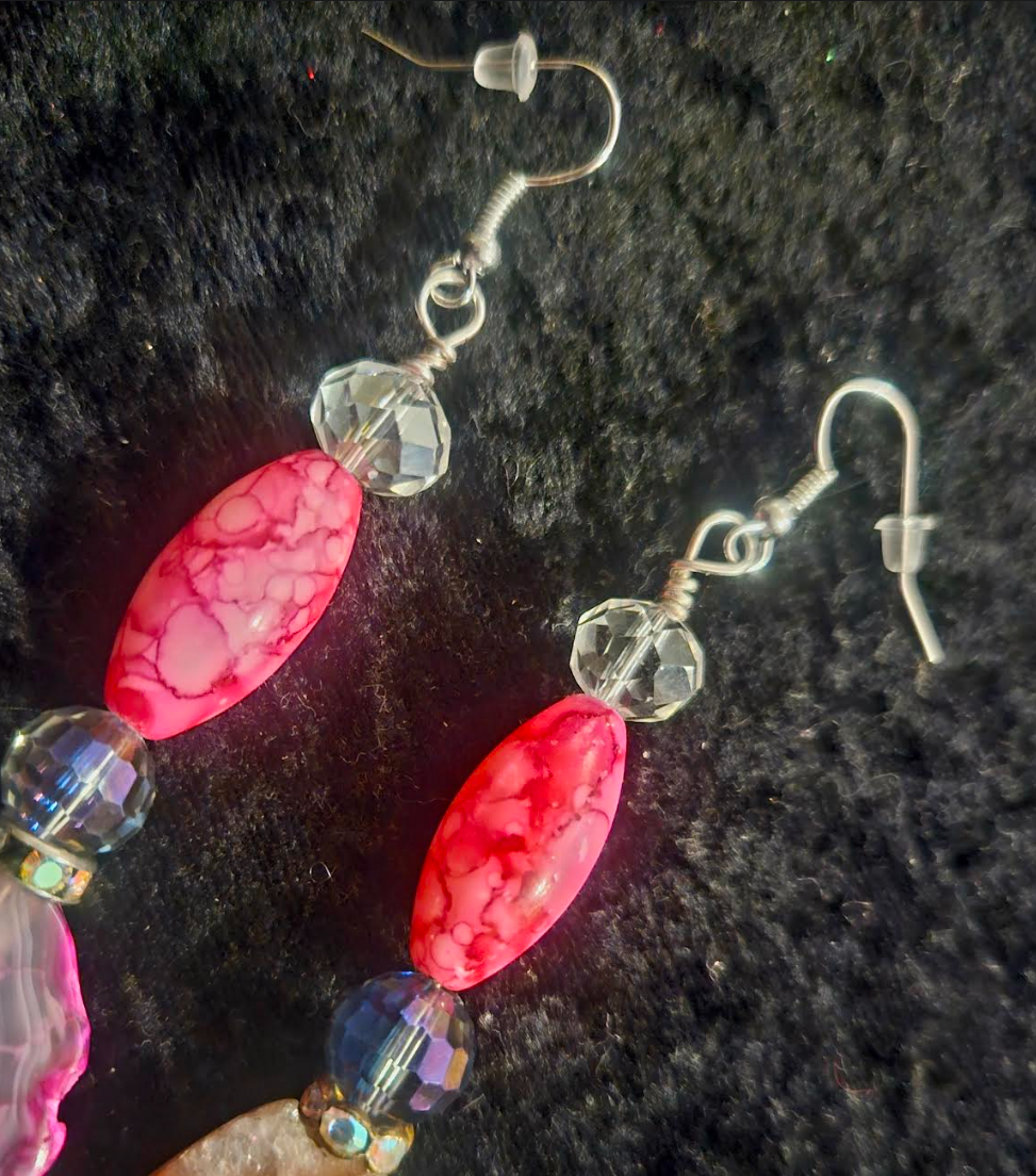 Hot Pink Agate & Rhinestone Ball Beaded Drop Statement Earrings Brid