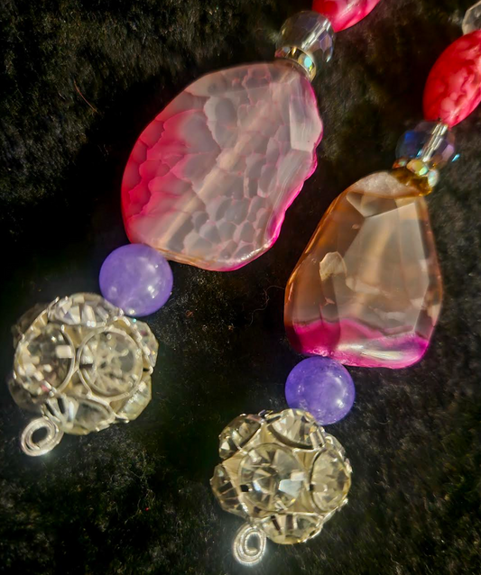 Hot Pink Agate & Rhinestone Ball Beaded Drop Statement Earrings Brid