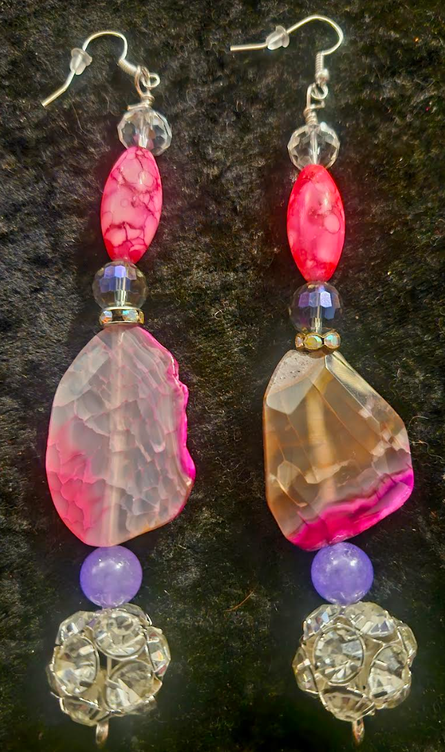 Hot Pink Agate & Rhinestone Ball Beaded Drop Statement Earrings Brid