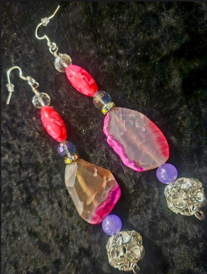 Hot Pink Agate & Rhinestone Ball Beaded Drop Statement Earrings Brid