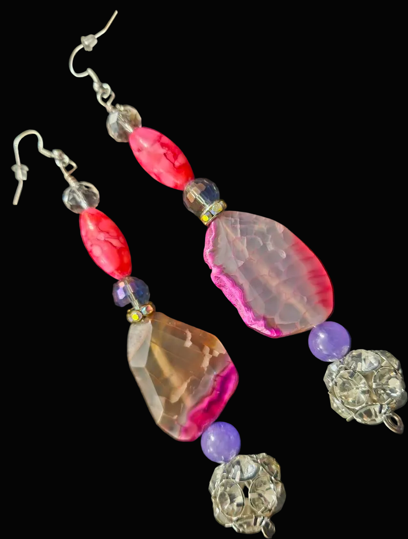 Hot Pink Agate & Rhinestone Ball Beaded Drop Statement Earrings