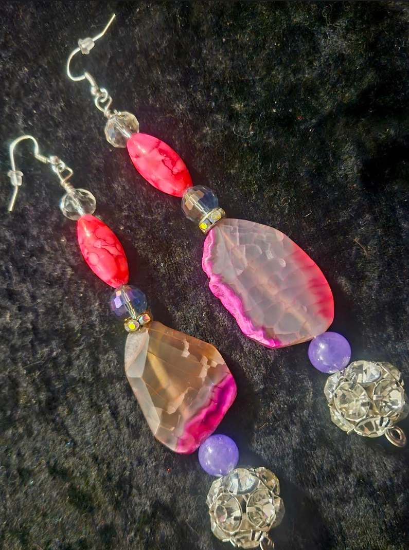 Hot Pink Agate & Rhinestone Ball Beaded Drop Statement Earrings Brid