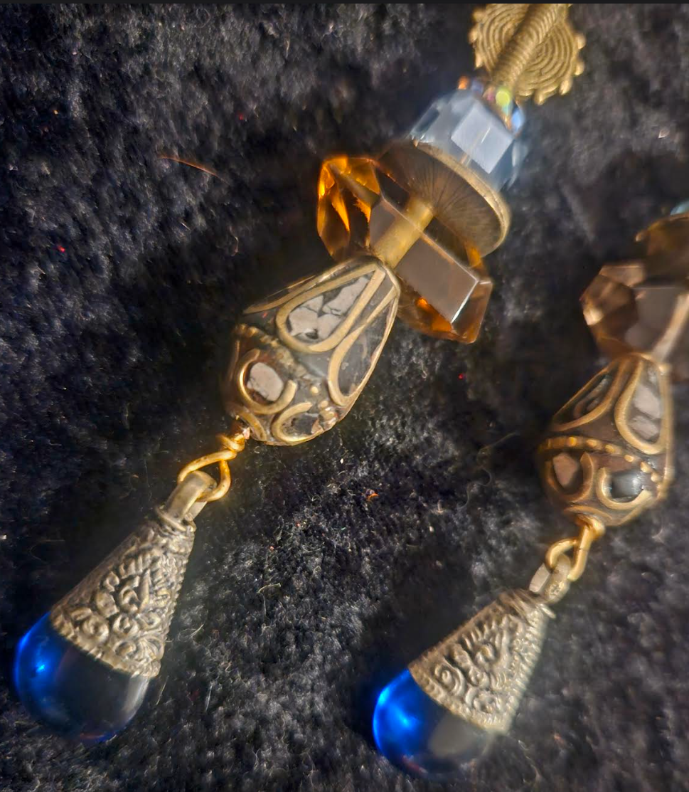 Mixed Media Tribal Statement Pierced Statement Earrings Brown Blue &