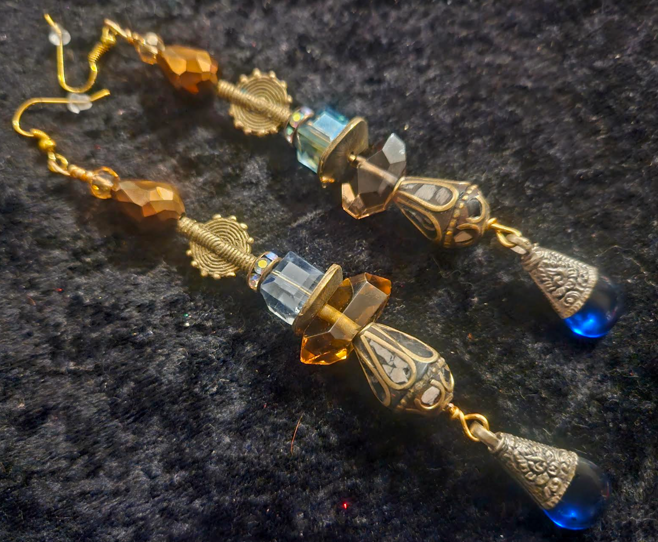 Mixed Media Tribal Statement Pierced Statement Earrings Brown Blue &