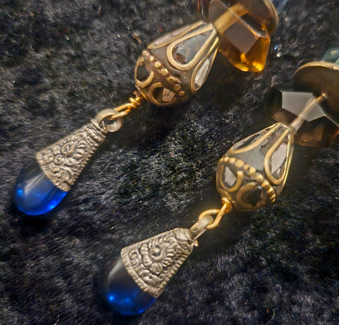Mixed Media Tribal Statement Pierced Statement Earrings Brown Blue &