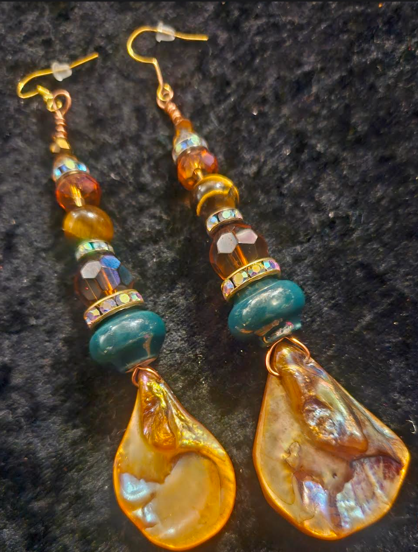 Bronze Abalone Shell & Crystal Beaded Dangle Statement Earrings Eart