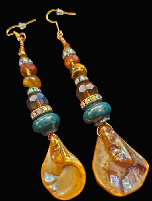 Bronze Abalone Shell & Crystal Beaded Pierced Statement Earrings