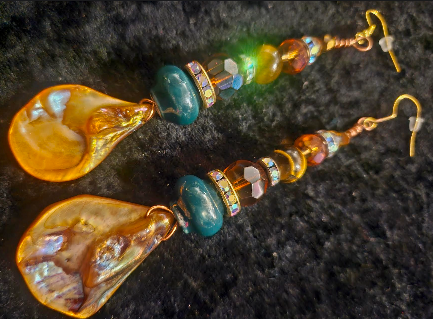 Bronze Abalone Shell & Crystal Beaded Dangle Statement Earrings Eart