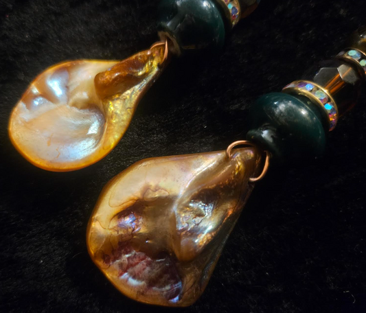 Bronze Abalone Shell & Crystal Beaded Dangle Statement Earrings Eart