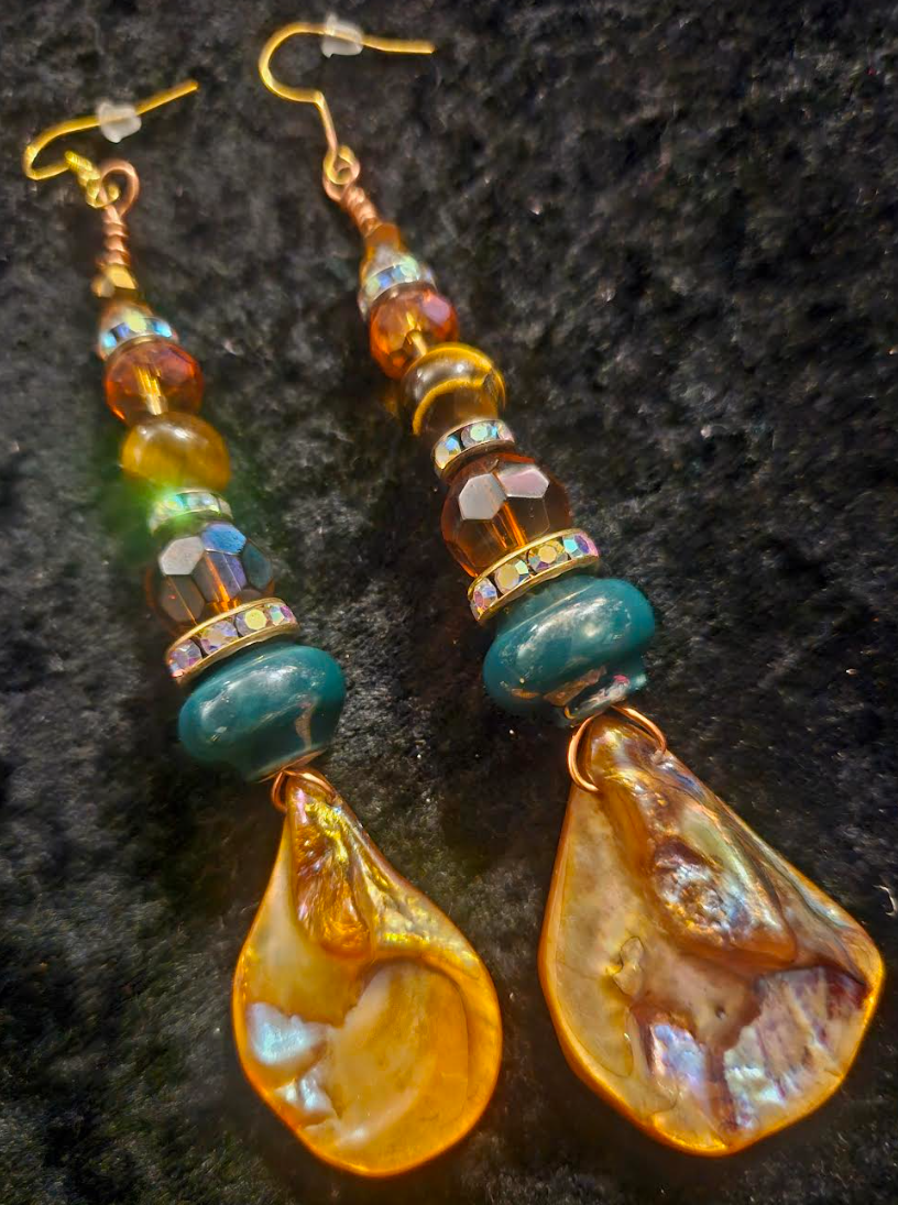 Bronze Abalone Shell & Crystal Beaded Dangle Statement Earrings Eart