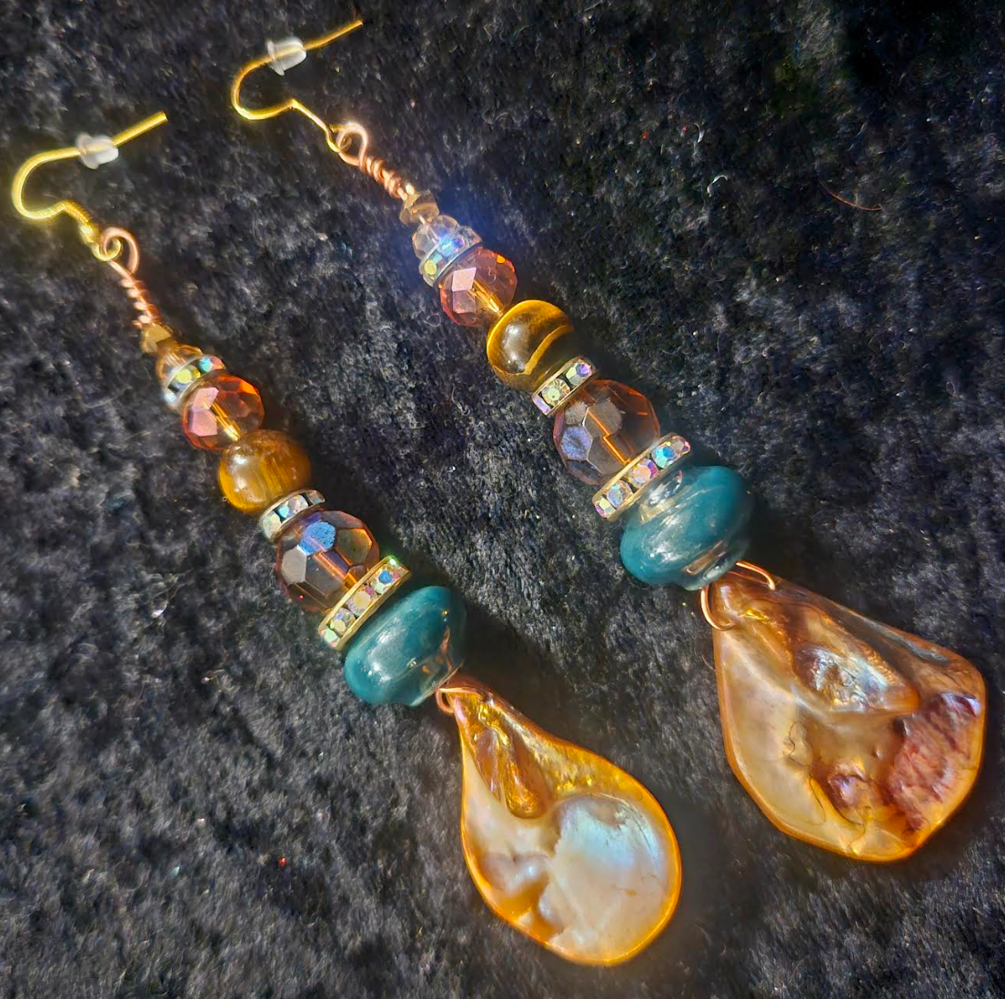 Bronze Abalone Shell & Crystal Beaded Dangle Statement Earrings Eart