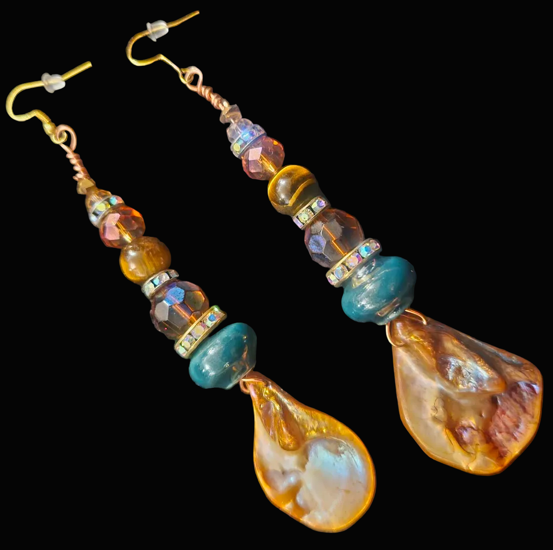Bronze Abalone Shell & Crystal Beaded Pierced Statement Earrings
