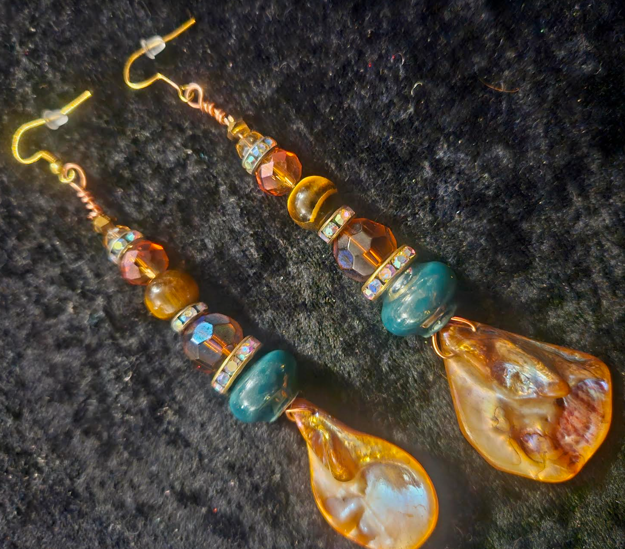 Bronze Abalone Shell & Crystal Beaded Dangle Statement Earrings Eart