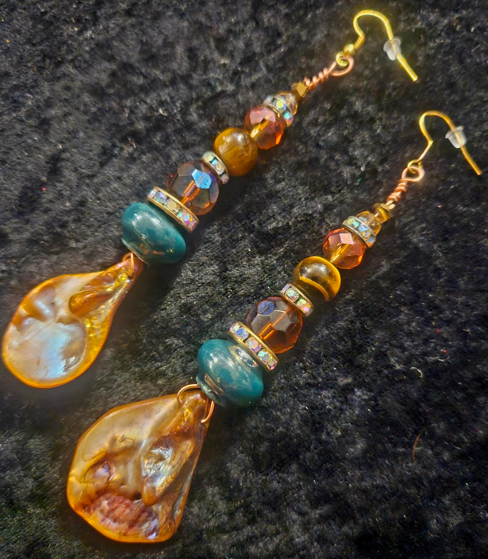 Bronze Abalone Shell & Crystal Beaded Dangle Statement Earrings Eart