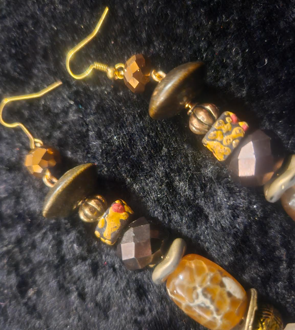 Rough Citrine Agate Glass & Crystal Pierced Statement Earrings Earth