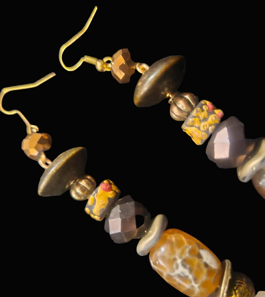 Rough Citrine Agate Glass & Crystal Pierced Statement Earrings Earth