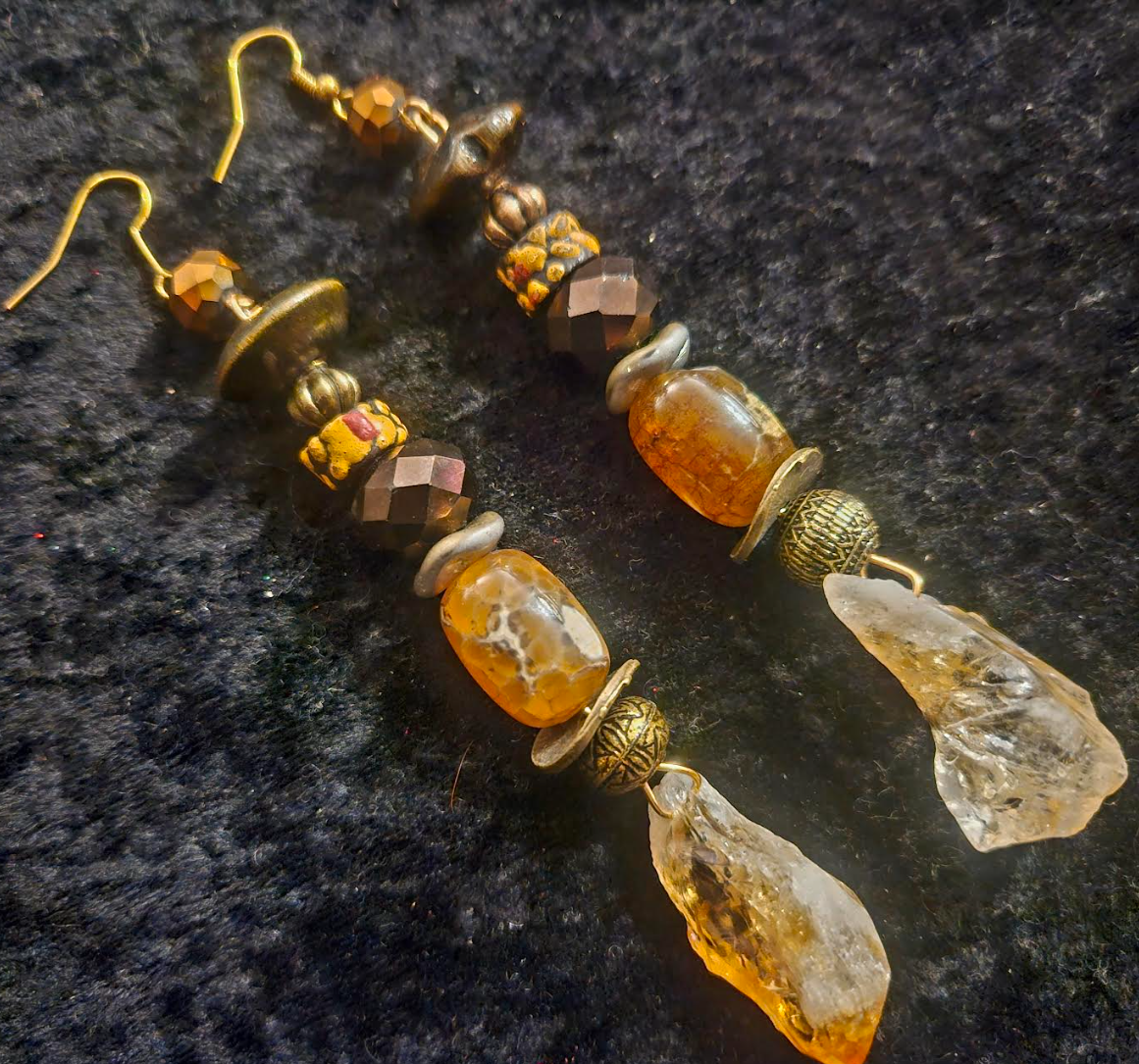 Rough Citrine Agate Glass & Crystal Pierced Statement Earrings Earth