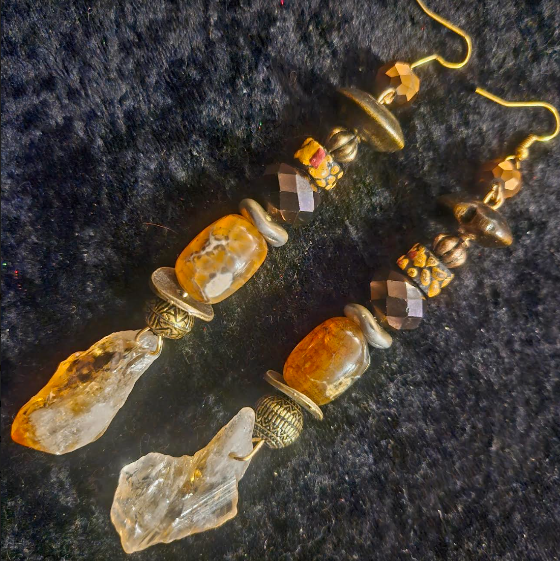 Rough Citrine Agate Glass & Crystal Pierced Statement Earrings Earth