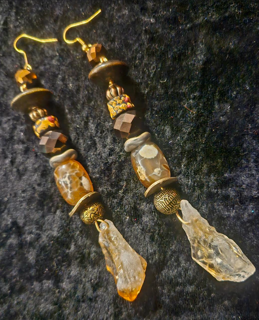 Rough Citrine Agate Glass & Crystal Pierced Statement Earrings Earth
