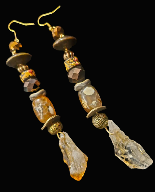 Rough Citrine, Agate, Glass & Crystal Pierced Statement Earrings