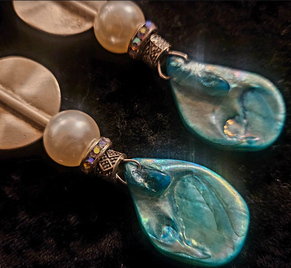 Light Blue Abalone Shell & Faux Pearl Long Pierced Statement Earrings