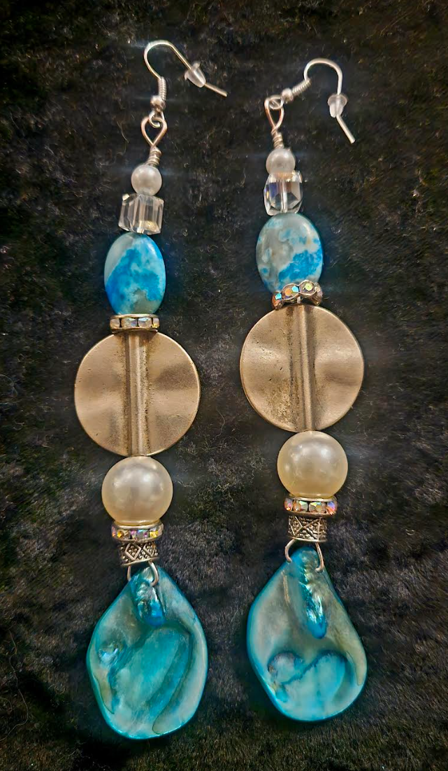 Light Blue Abalone Shell & Faux Pearl Long Pierced Statement Earrings