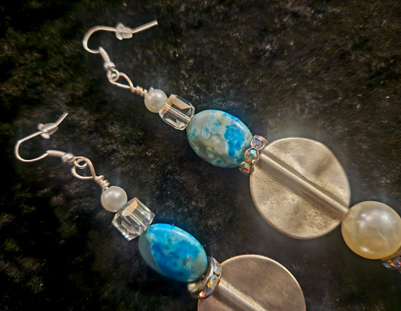 Light Blue Abalone Shell & Faux Pearl Long Pierced Statement Earrings