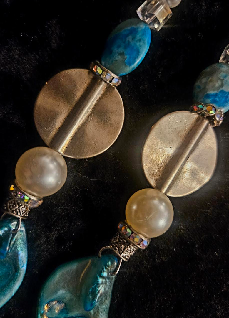 Light Blue Abalone Shell & Faux Pearl Long Pierced Statement Earrings