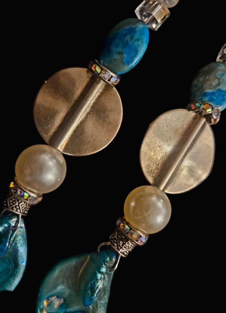 Blue Abalone Shell & Faux Pearl Long Pierced Statement Earrings