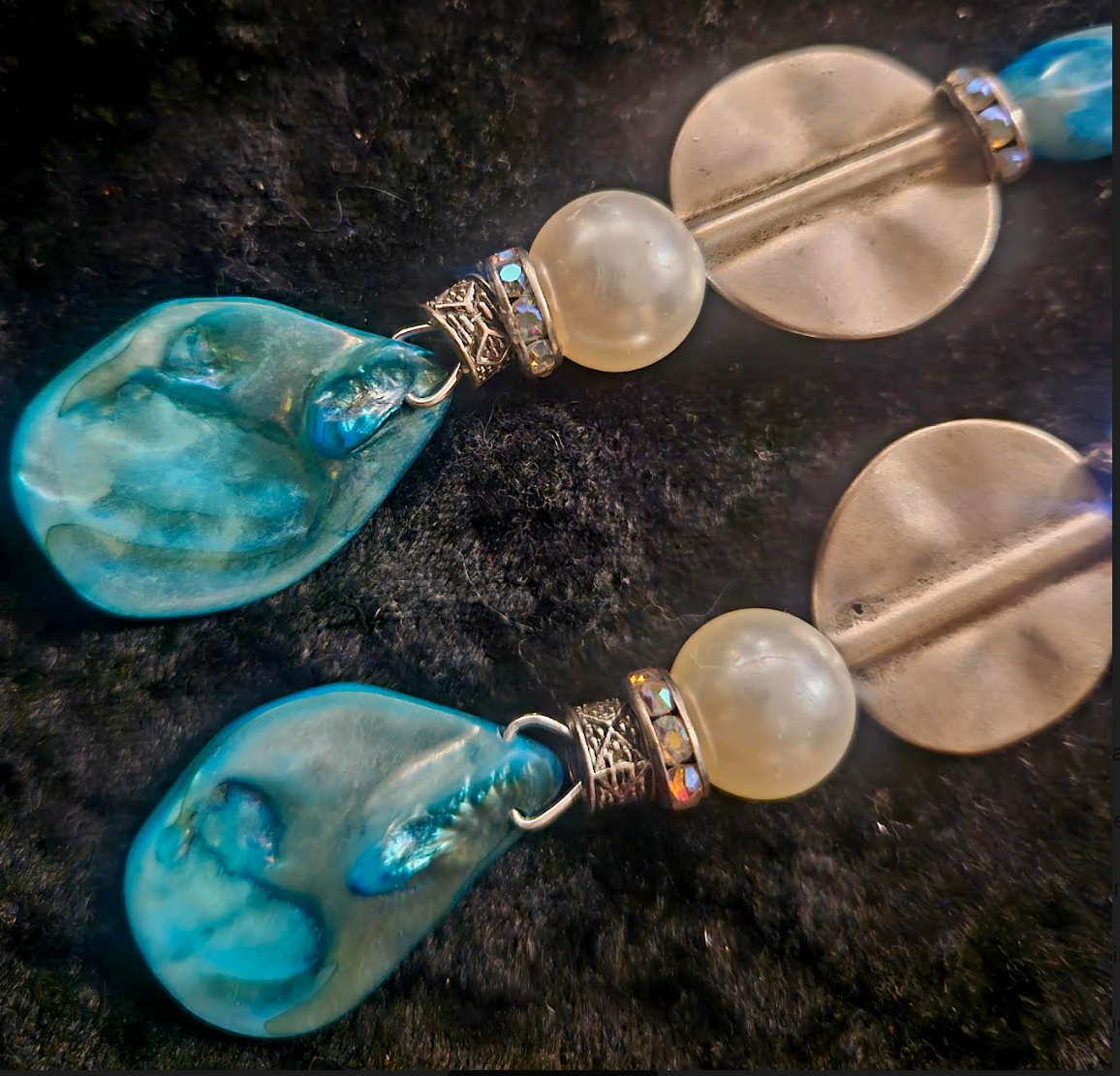 Light Blue Abalone Shell & Faux Pearl Long Pierced Statement Earrings