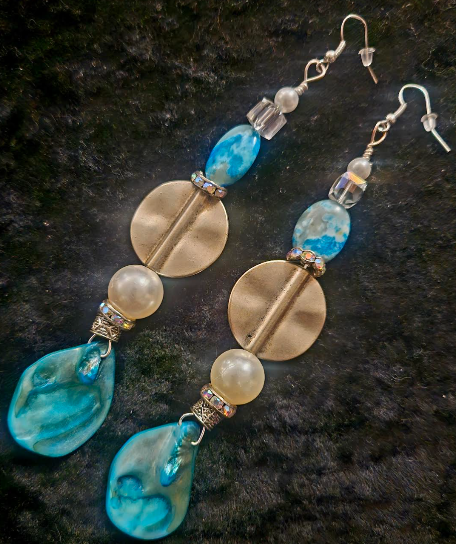 Light Blue Abalone Shell & Faux Pearl Long Pierced Statement Earrings