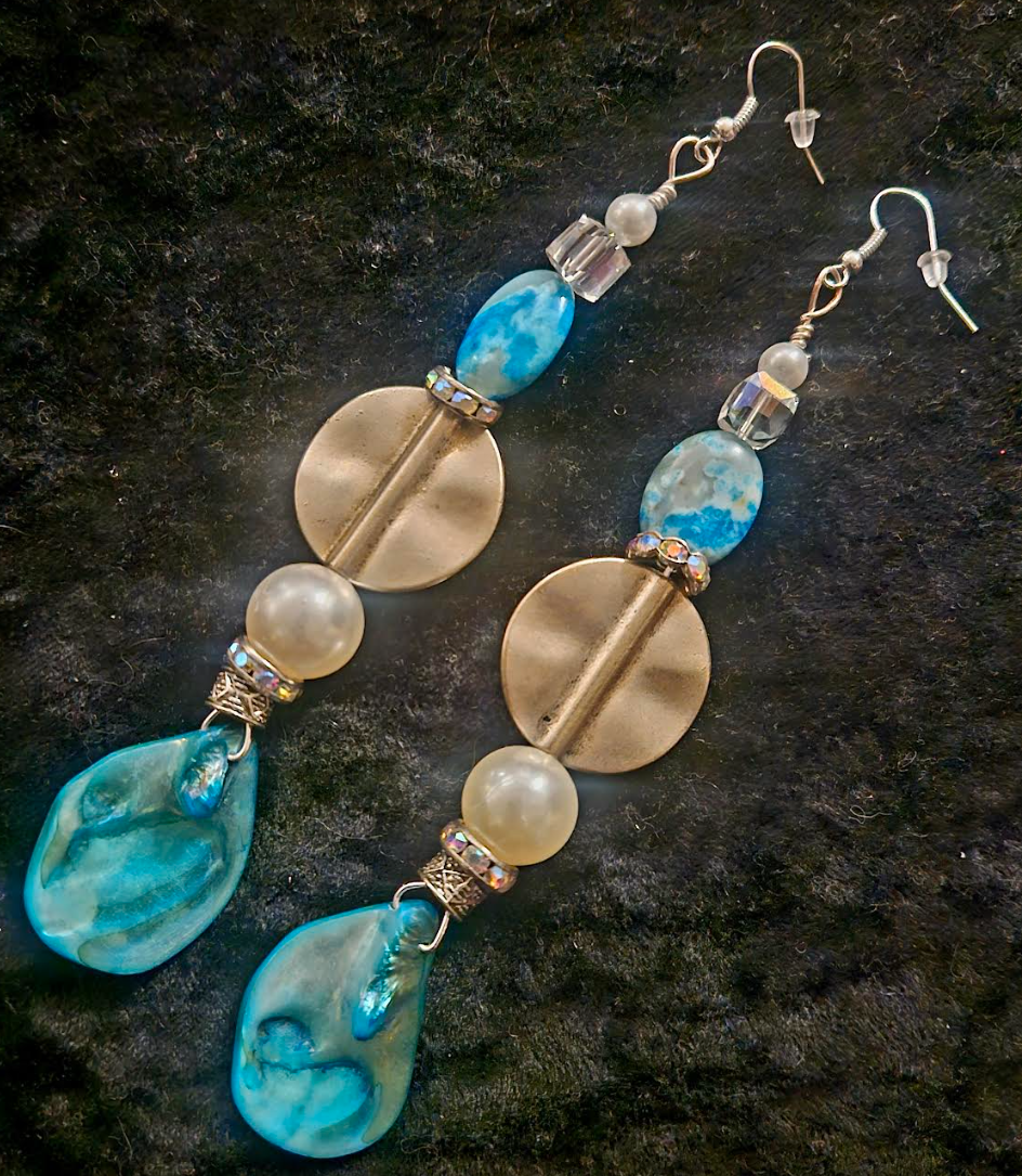 Light Blue Abalone Shell & Faux Pearl Long Pierced Statement Earrings