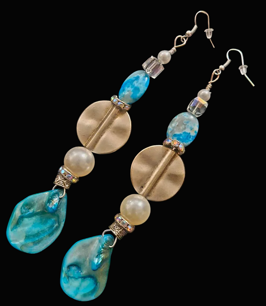 Blue Abalone Shell & Faux Pearl Long Pierced Statement Earrings