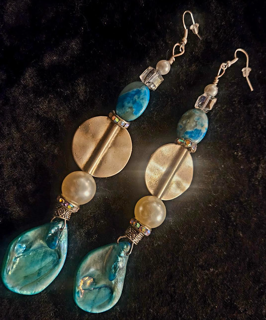 Light Blue Abalone Shell & Faux Pearl Long Pierced Statement Earrings