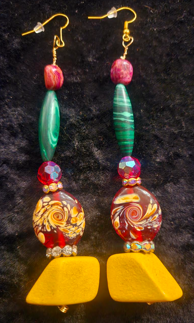 Red Yellow Green & Pink Extra Long Pierced Statement Earrings Bold C
