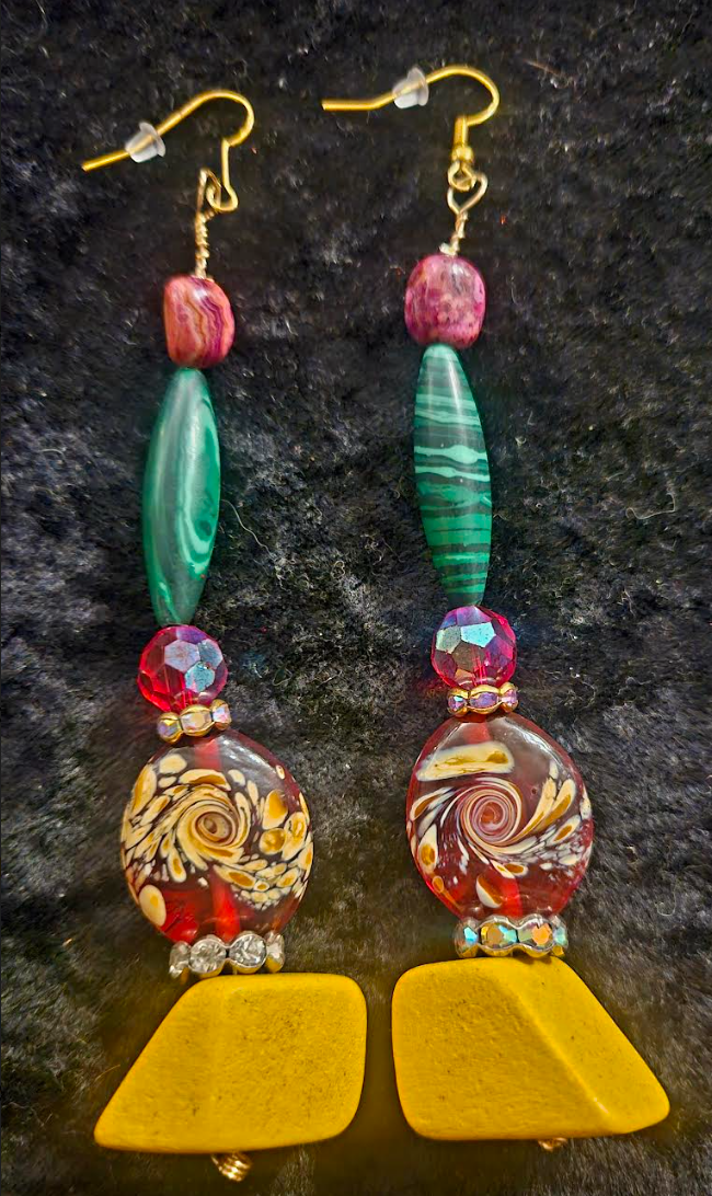 Red Yellow Green & Pink Extra Long Pierced Statement Earrings Bold C