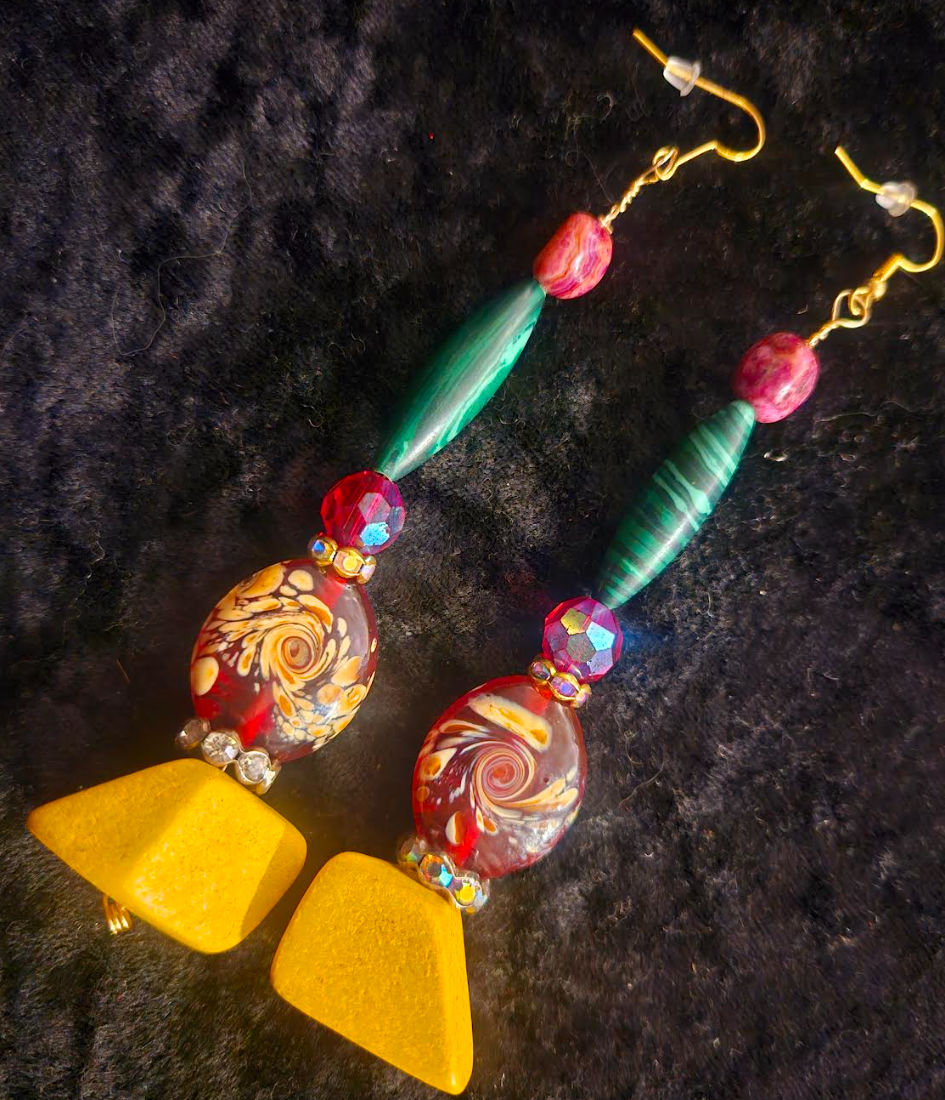 Red Yellow Green & Pink Extra Long Pierced Statement Earrings Bold C