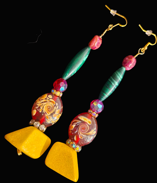 Red Yellow Green & Pink Extra Long Pierced Statement Earrings
