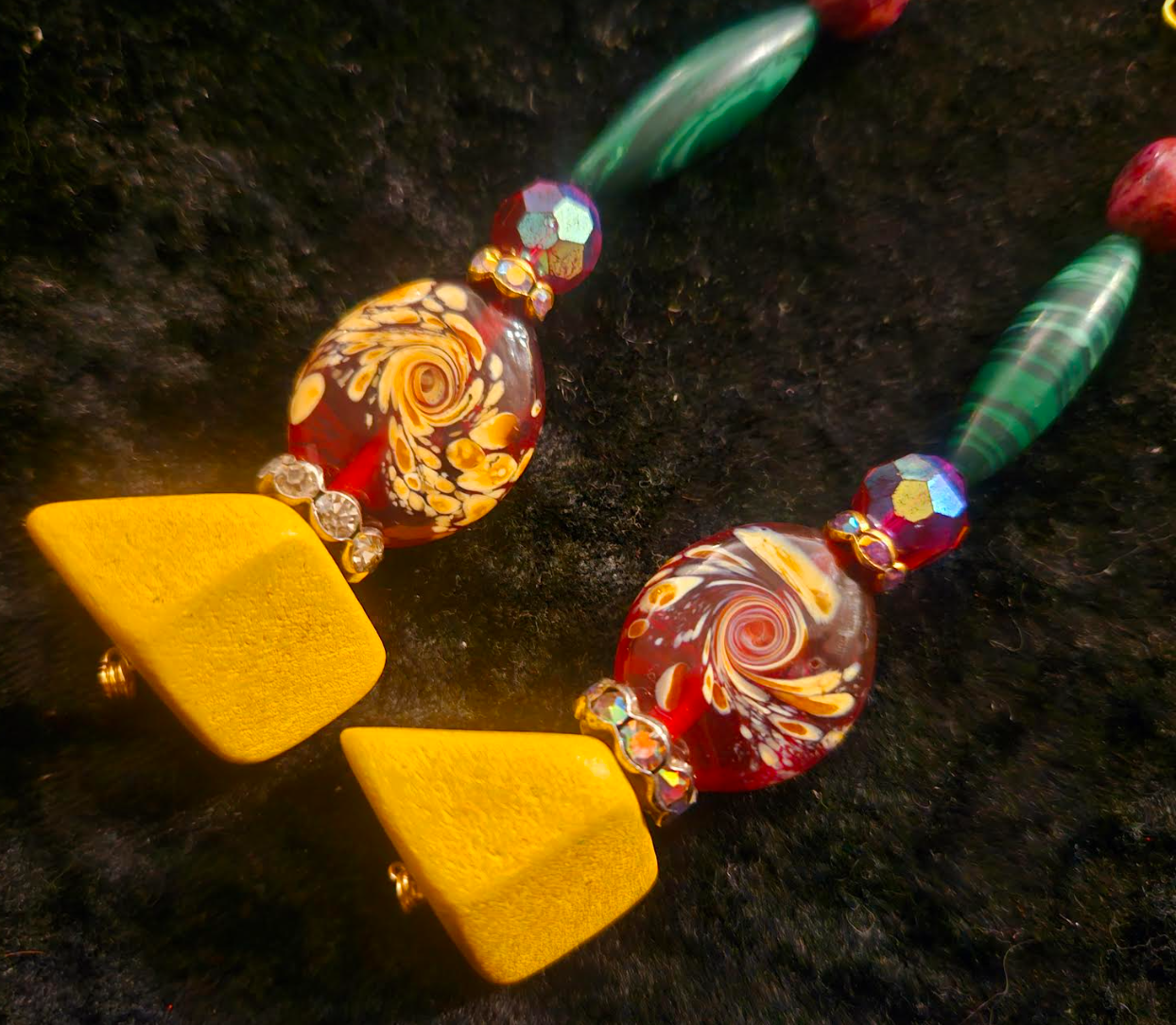 Red Yellow Green & Pink Extra Long Pierced Statement Earrings Bold C