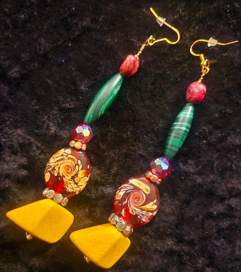 Red Yellow Green & Pink Extra Long Pierced Statement Earrings Bold C