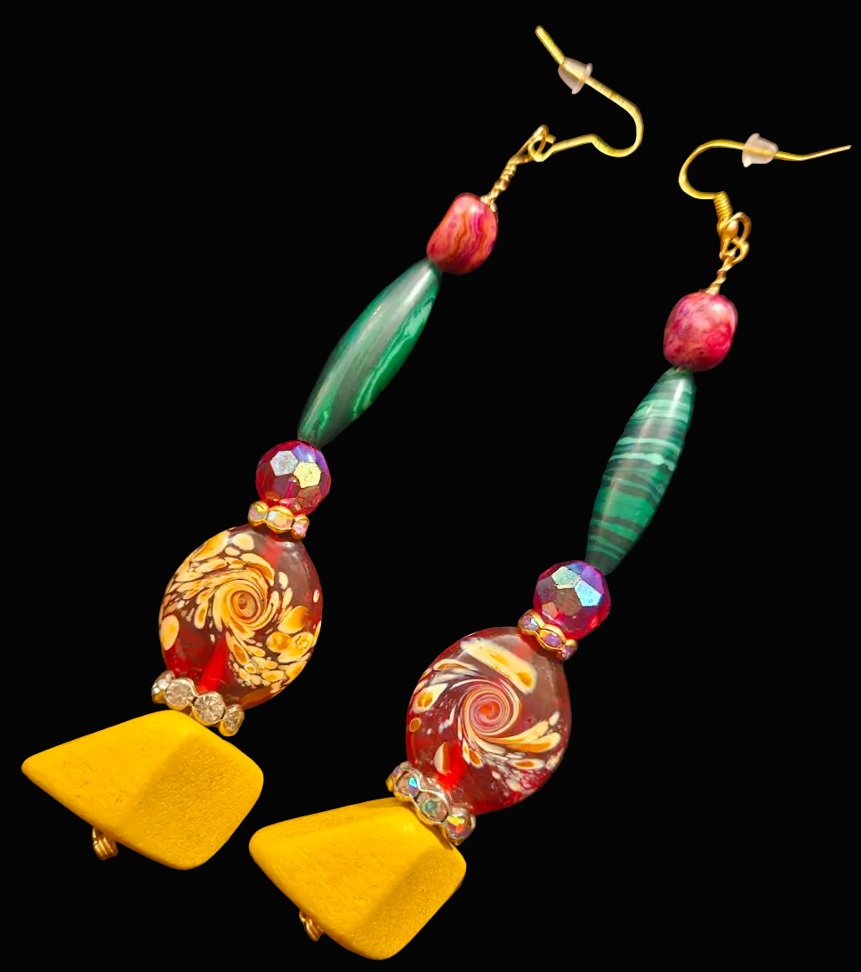 Red Yellow Green & Pink Extra Long Pierced Statement Earrings