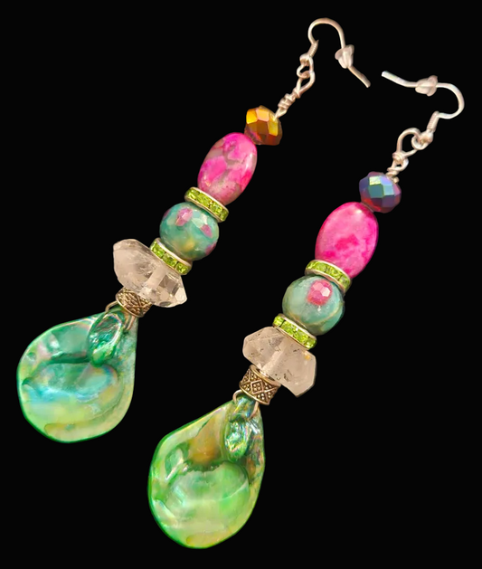 Green Pink & White Mixed Media Pierced Earrings - Ruby Zoisite