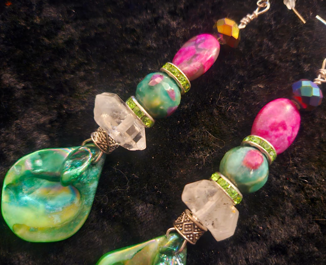 Green Pink & White Mixed Media Pierced Statement Earrings Ruby Zoisi