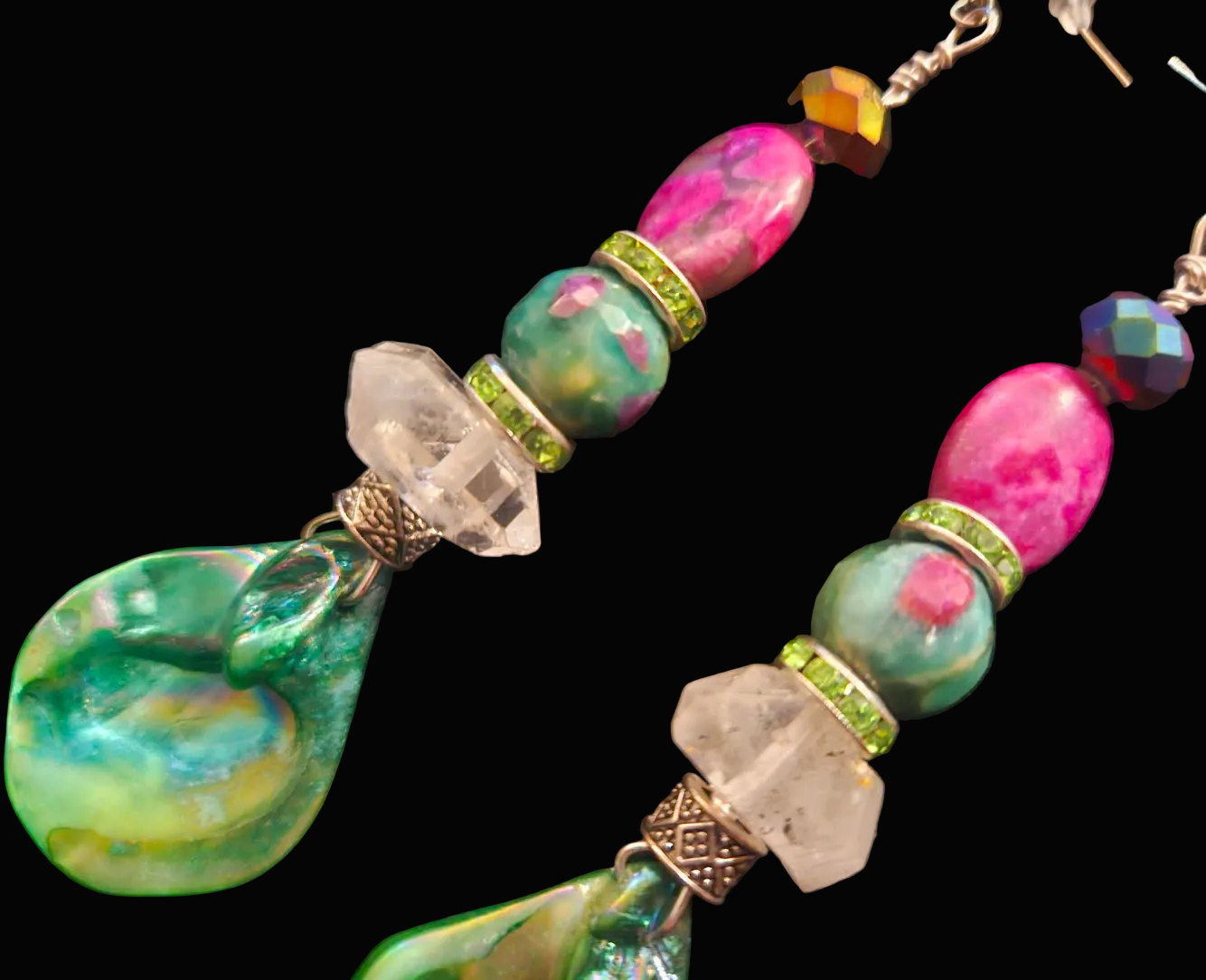 Green Pink & White Mixed Media Pierced Earrings - Ruby Zoisite